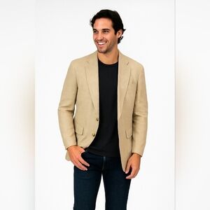 Lands' END Linen Cotton‎ Sport Coat Blazer Jacket Men's 48 L Tan Beige 2 Buttons